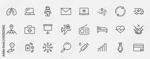 Set of Coronavirus Protection Vector Line Icon. Contains such Icons as Ambulance, Novel CoronaVirus, Protective Measures, Symptoms, Incubation Period and more. 32x32 Pixels. Editable Stroke