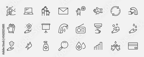 Set of Washing Hands Vector Line Icons. Contains such Icons as Coronavirus, Contactless Water Tap, Antiseptic, Washing Instruction, Hand Dryer, Soap and more. Editable Stroke. 32x32 Pixels.