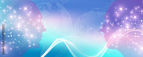 Artificial Intelligence and Machine Learning Vector Concept in Neural Network. AI Web Banner Design with Human Face. Wave Flow Communication. Digital Network for Artificial Intelligence Deep Learning.