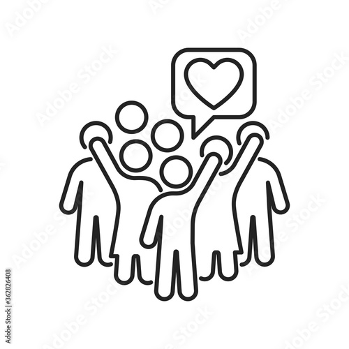 Group of volunteers black line icon. Non profit community. Charity, humanitarian aid concept. Outline pictogram for web page, mobile app, promo.