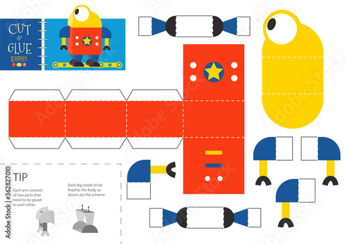 Cut and glue robot toy vector illustration, worksheet.