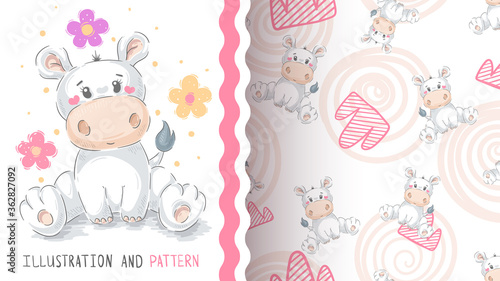 Cute teddy hippo - seamless pattern © HandDraw