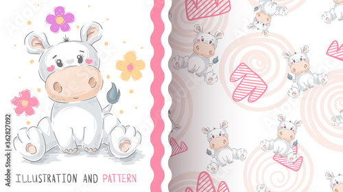 Cute teddy hippo - seamless pattern