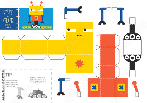 Cut and glue robot toy vector illustration. Paper craft and simple diy educational worksheet