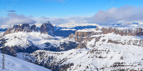 Winter panoramic view of rocky mountains in the Dolomites Alps in Italy.