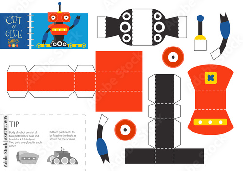 Cut and glue robot toy vector illustration, worksheet.