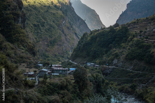 Nepalese mountain village by the Marshyangdi river, Annapurna circuit, Nepal