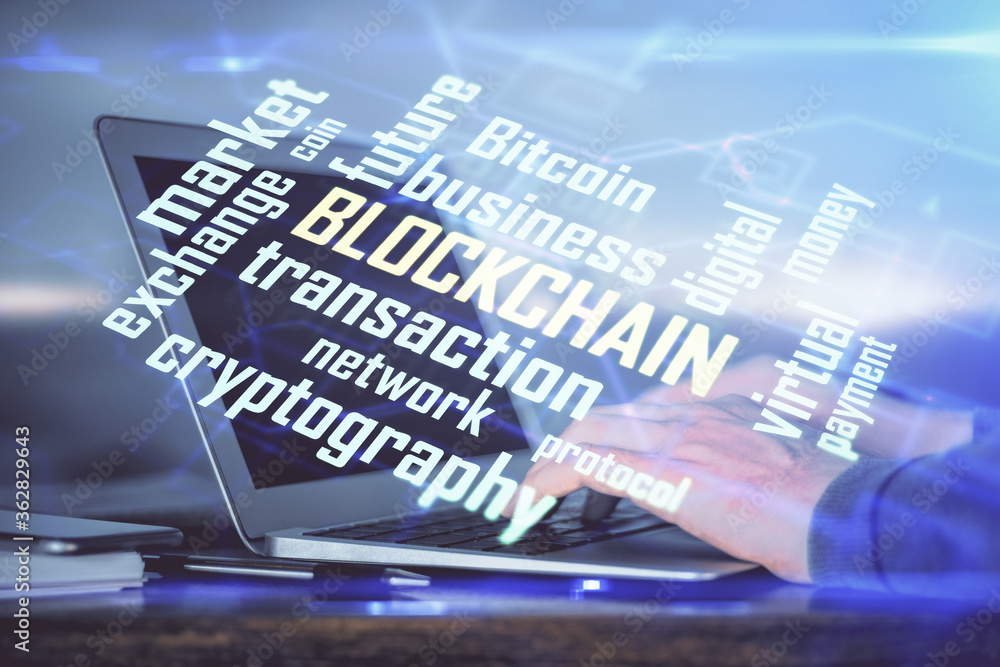 Blockchain theme hud with businessman working on computer on background. Concept of crypto chain. Double exposure. Blockchain theme hud with businessman working on computer on background. Concept of crypto chain. Double exposure.