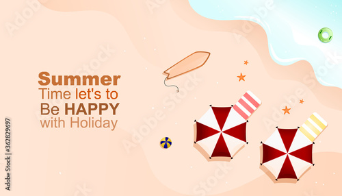 Summer time illustration vector, relevant to poster, banner etc, EPS layer include, umberella, sea water, tire buoy, mat, text, volley ball, fish star, and sands background