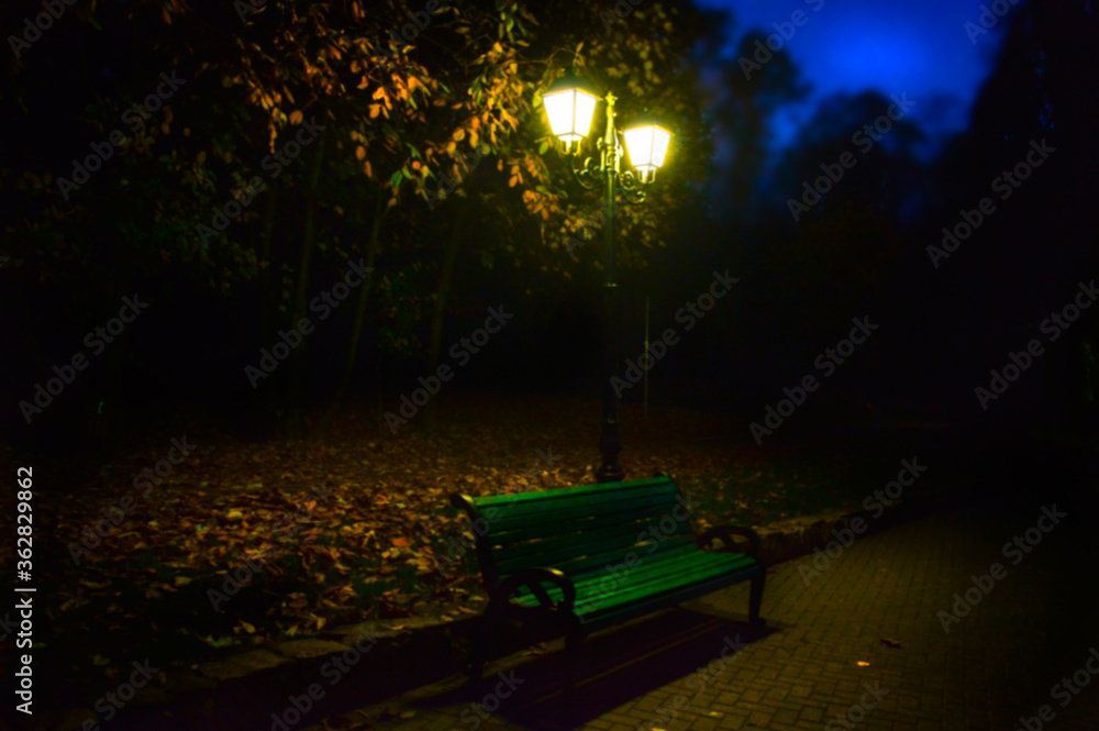Romantic landscape in the evening in the park in late autumn with a lantern.