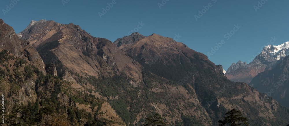 Panorama of nepalese mountain ranges along Annapurna circuit, Nepal