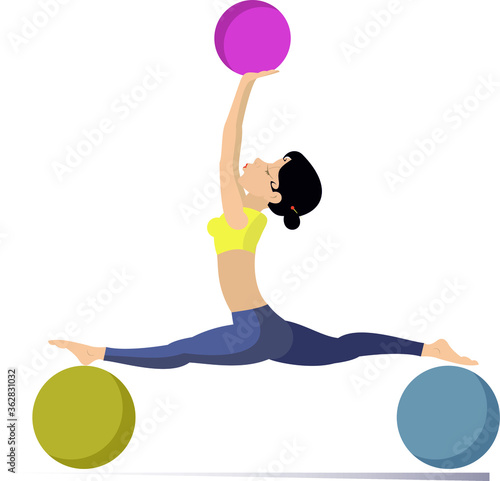 Young woman does exercises with the balls illustration. Young woman with lithe figure doing sport exercise with the balls isolated on white