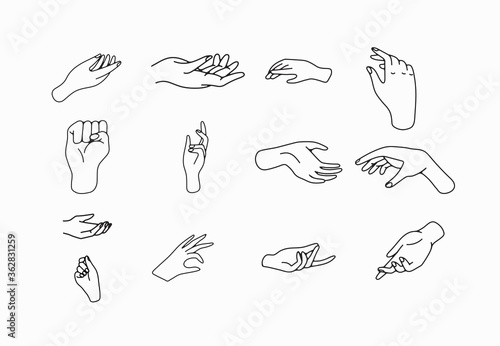 hand drawn hand icons in simple minimalistic line art style. logo elements illustrations for graphic design, logos and branding, social media icons. hand poses, pointing, holding, reaching, grasping.