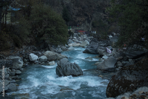 Marshyangdi river by Chame hot springs, Annapurna circuit, Nepal photo