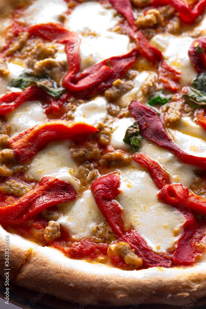 Pizza. Traditional New York City style margarita pizza pie with a thin