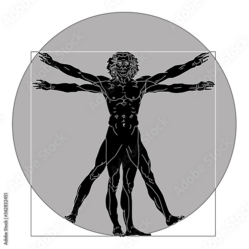 Stylized sketch of the Vitruvian man or Leonardo's man. Homo vitruviano vector illustration based on Leonardo da Vinci artwork grey