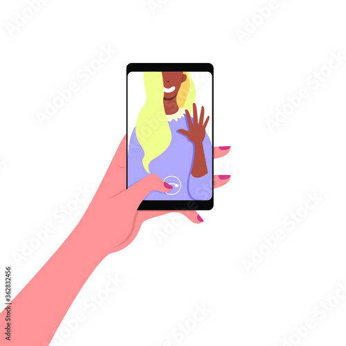 Video call on the phone. The hand clicks on the touch screen, the interlocutor waves his hand from the monitor. Vector illustration, flat cartoon color design, eps 10.