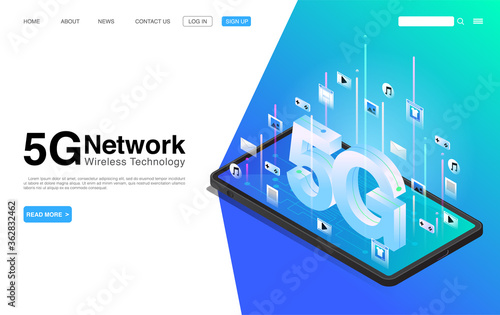 5G Network Wireless Technology. High-Speed Mobile Internet. Using Modern Digital Devices. Landing Page Template. Vector EPS 10