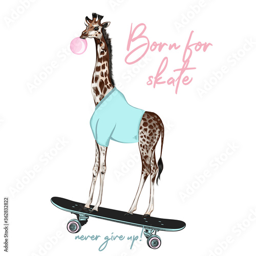 Fashion hipster vector illustration with giraffe on skateboard, born for skate, creative print for apparel