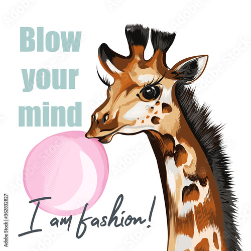 Fashion vector illustration with giraffe and gum, blow your mind