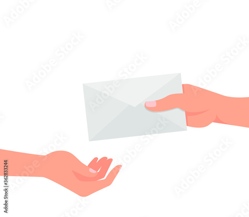 Receive a letter. A hand holds out a closed envelope to the other hand. Vector illustration, flat cartoon design. isolated on white background, eps 10.