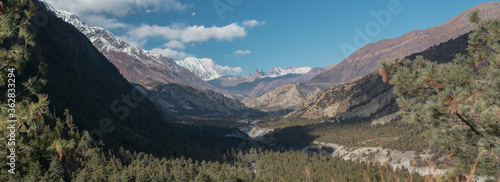 Panorama of mountains trekking Annapurna circuit, Marshyangdi river valley, Nepal photo