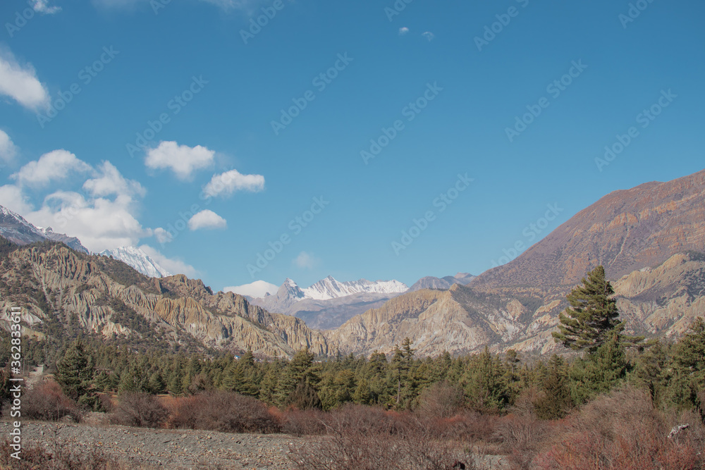 Mountains trekking Annapurna circuit, Marshyangdi river valley, Nepal Mountains trekking Annapurna circuit, Marshyangdi river valley, Nepal