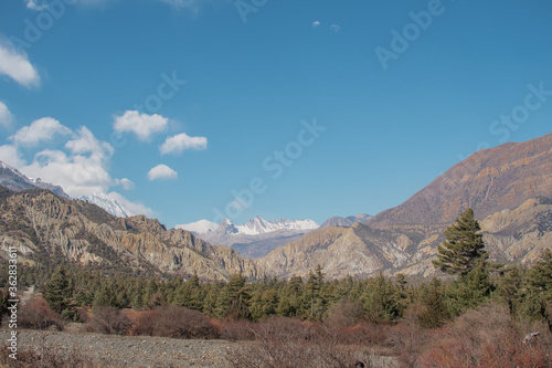 Mountains trekking Annapurna circuit, Marshyangdi river valley, Nepal