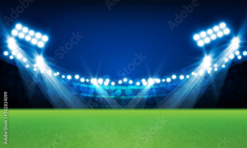 Football arena field with bright stadium lights vs letters for sports and fight competition vector design