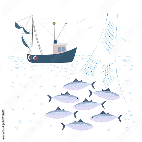 Fishing trawler at sea. Net with tuna fish.