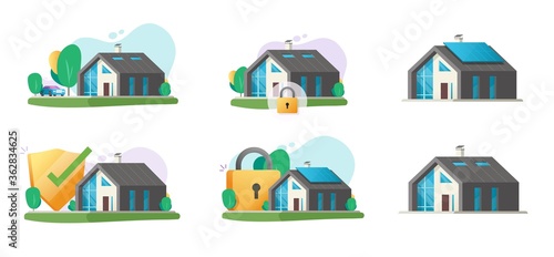 Home and house smart modern building vector set with security lock protection and isolated apartment with eco solar panel flat cartoon set trendy design