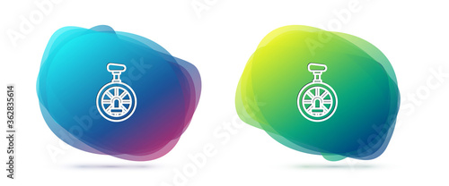Set line Unicycle or one wheel bicycle icon isolated on white background. Monowheel bicycle. Abstract banner with liquid shapes. Vector Illustration.