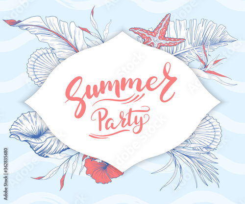 Summer Party. Background with tropical plants and shells