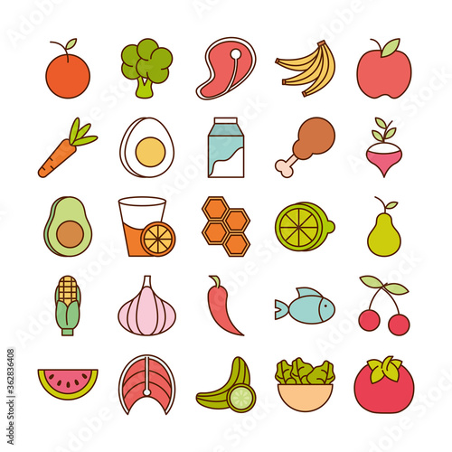 healthy food fresh fruits vegetables and protein ingredient products icons set line and fill style icon