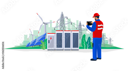 Obraz na płótnie Isolated Electrician technician engineer diagnostics electricity power supply grid transmission