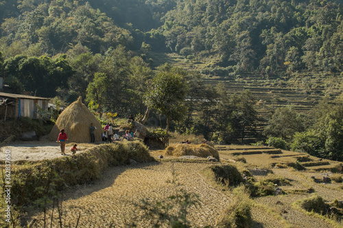 Family at a rural farm in the nepalese mountains, Annapurna circuit, Nepal