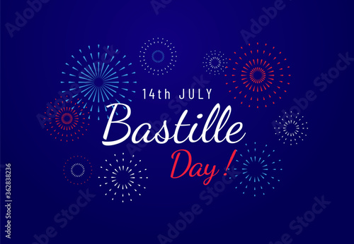 Bastille day greeting banner design with text and fireworks illustration on blue dark background. 14th of July. - Vector