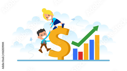 Businesswoman helps to climb a dollar sign.
