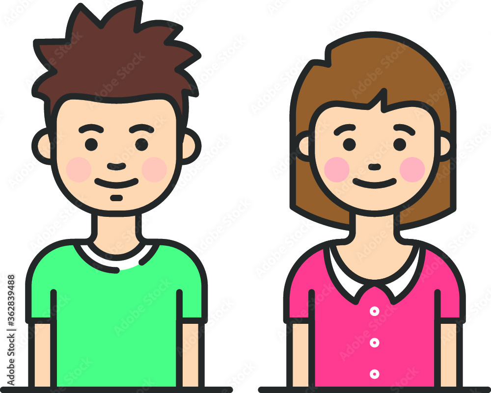Cute boy and girl half-length portrait, on white background. Half body kids with short hair. Male and female avatars. Pixel Perfect. Vector Illustration. Cute boy and girl half-length portrait, on white background. Half body kids with short hair. Male and female avatars. Pixel Perfect. Vector Illustration.