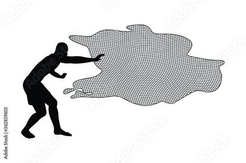 Fisherman with net for catching fish silhouette vector