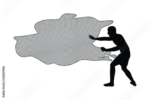 Fisherman with net for catching fish silhouette vector