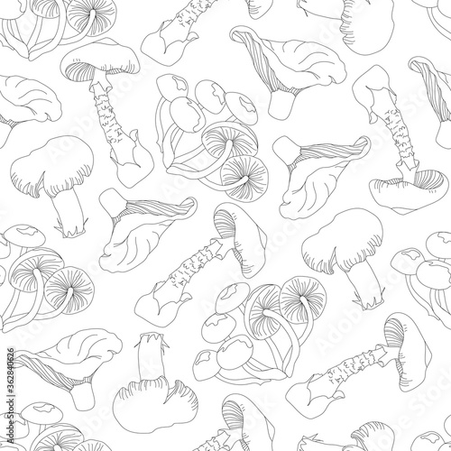 Black and white mushroom seamless pattern. Forest vector background from contour mushrooms for fabric, paper.