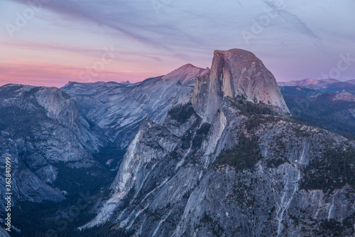 The half dome and Yosemite Valley at sunset, shot at glacier point in Yosemite National Park, California.