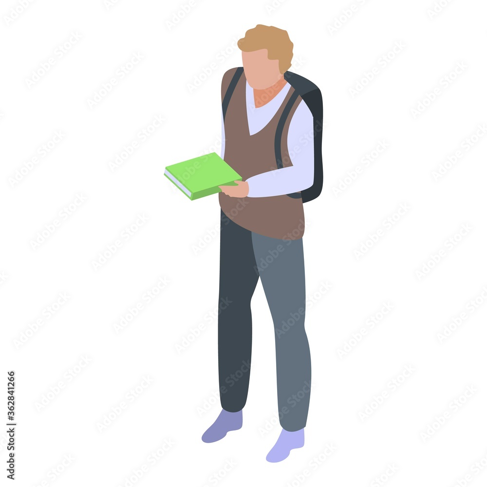 School boy read book icon. Isometric of school boy read book vector icon for web design isolated on white background School boy read book icon. Isometric of school boy read book vector icon for web design isolated on white background