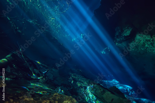 underwater cave stalactites landscape  cave diving  yucatan mexico  view in cenote under water