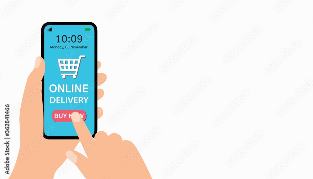 Delivery service concept, Hand holding smart phone open app, Vector image cartoon Illustration isolated on white background... Delivery service concept, Hand holding smart phone open app, Vector image cartoon Illustration isolated on white background...