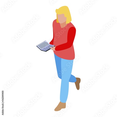 Girl in university library icon. Isometric of girl in university library vector icon for web design isolated on white background