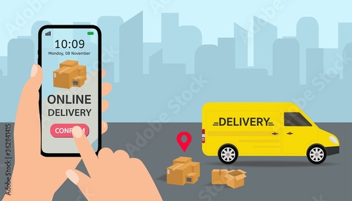 Delivery service concept, Hand holding smart phone open app, 