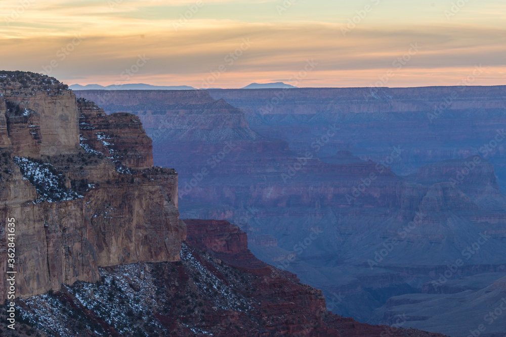 Grand Canyon at sunset, in Grand Canyon National Park, Arizona, winter time.