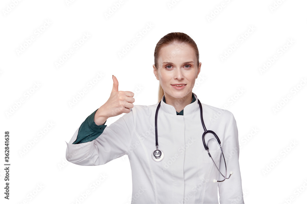 A doctor in a medical white coat shows a thumbs up gesture. Positive concept. A doctor in a medical white coat shows a thumbs up gesture. Positive concept.